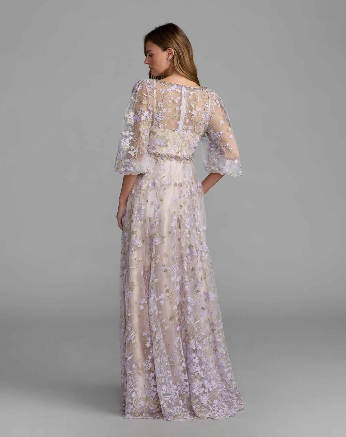 Purple Embroidered A-Line Gown With 3/4 Puff Sleeves