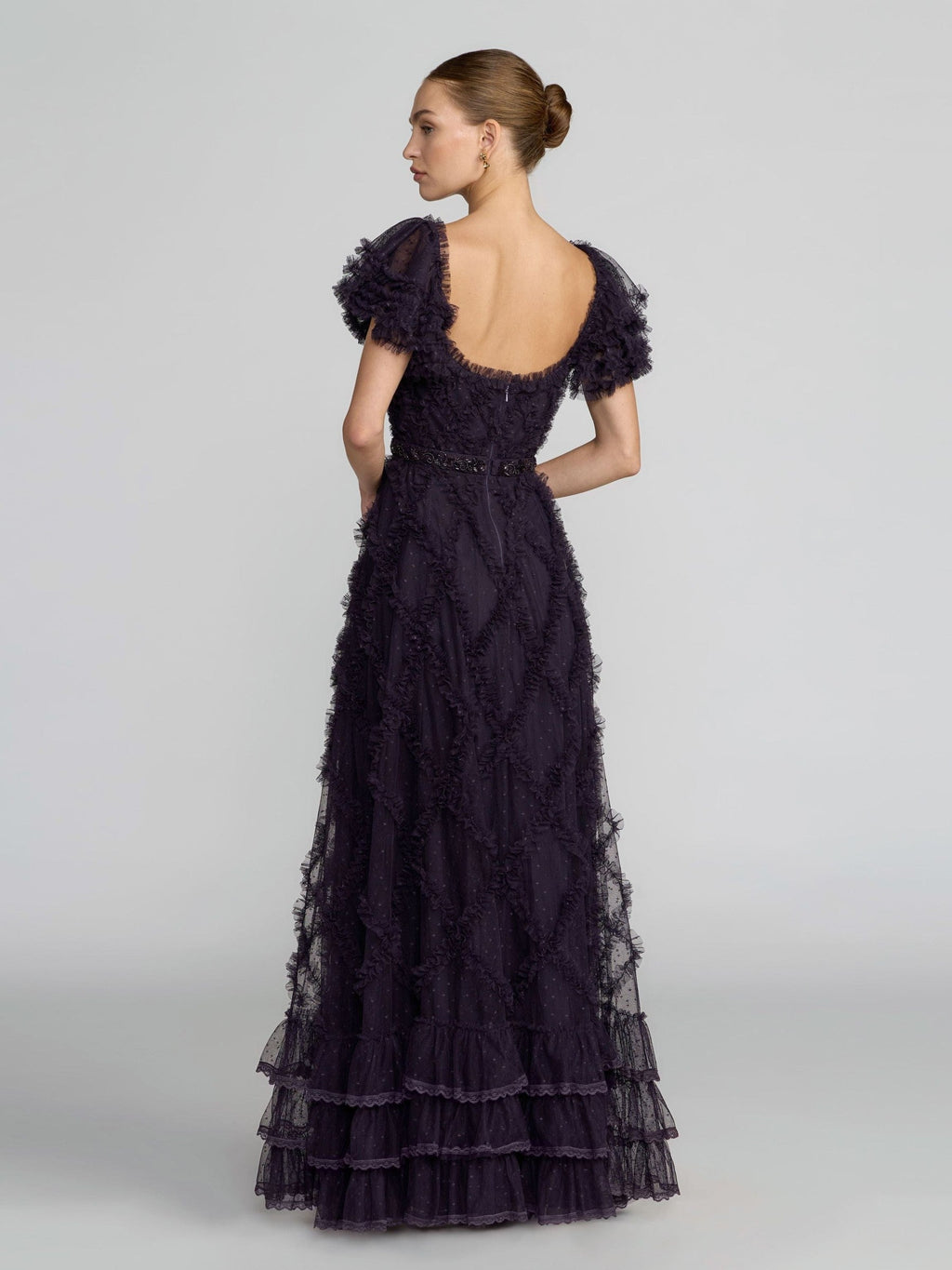 Midnight Tiered Ruffle Puff Sleeve Gown