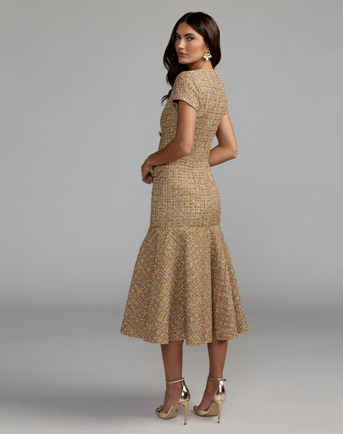 Beige High Neck Short Sleeve Boucle Midi Dress