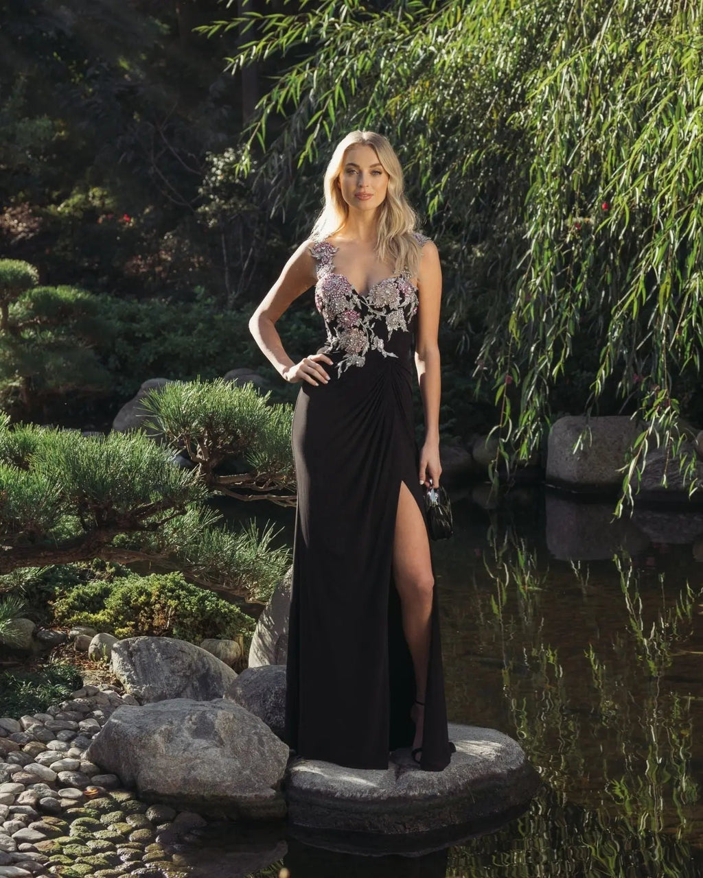 Black Multi Sweetheart Jersey Gown With Beaded Flowers