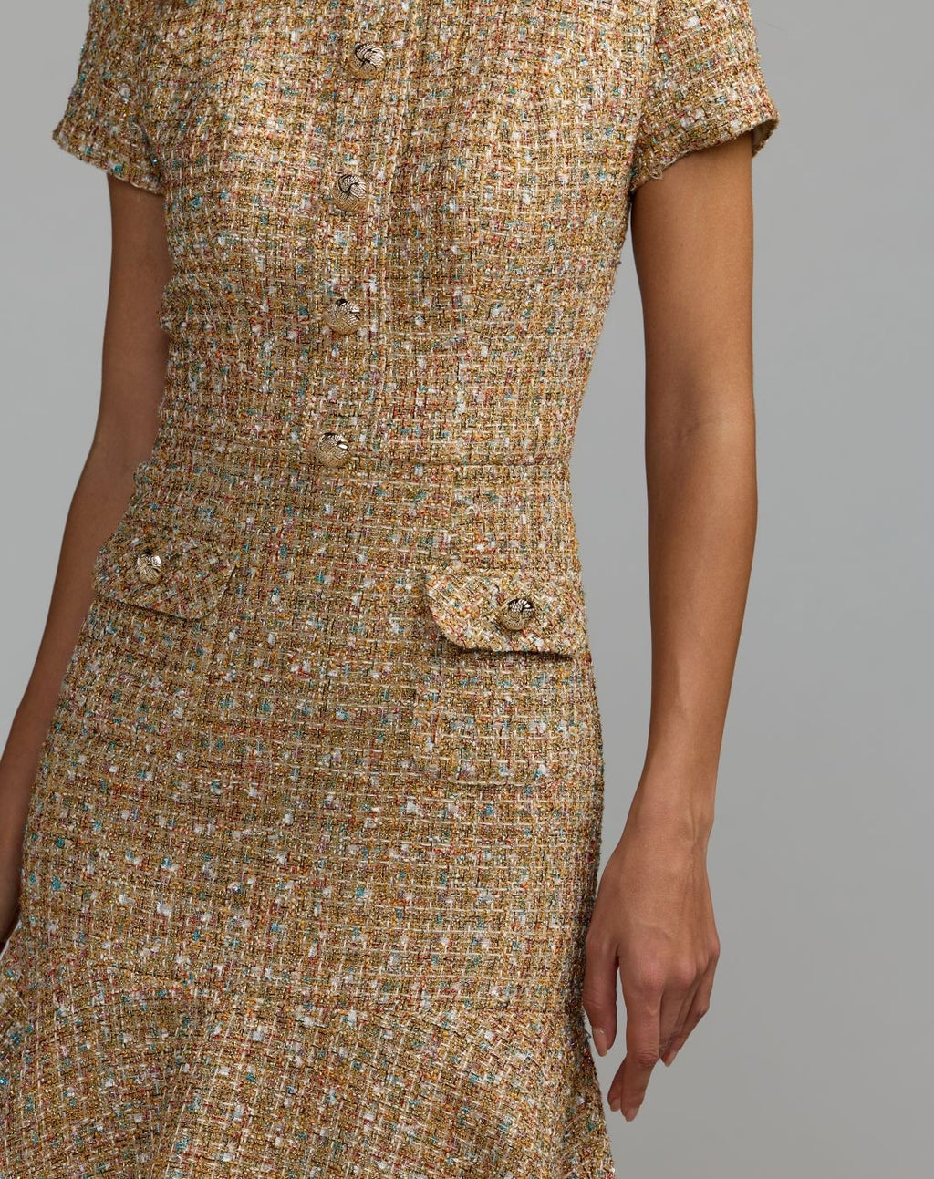 Beige High Neck Short Sleeve Boucle Midi Dress