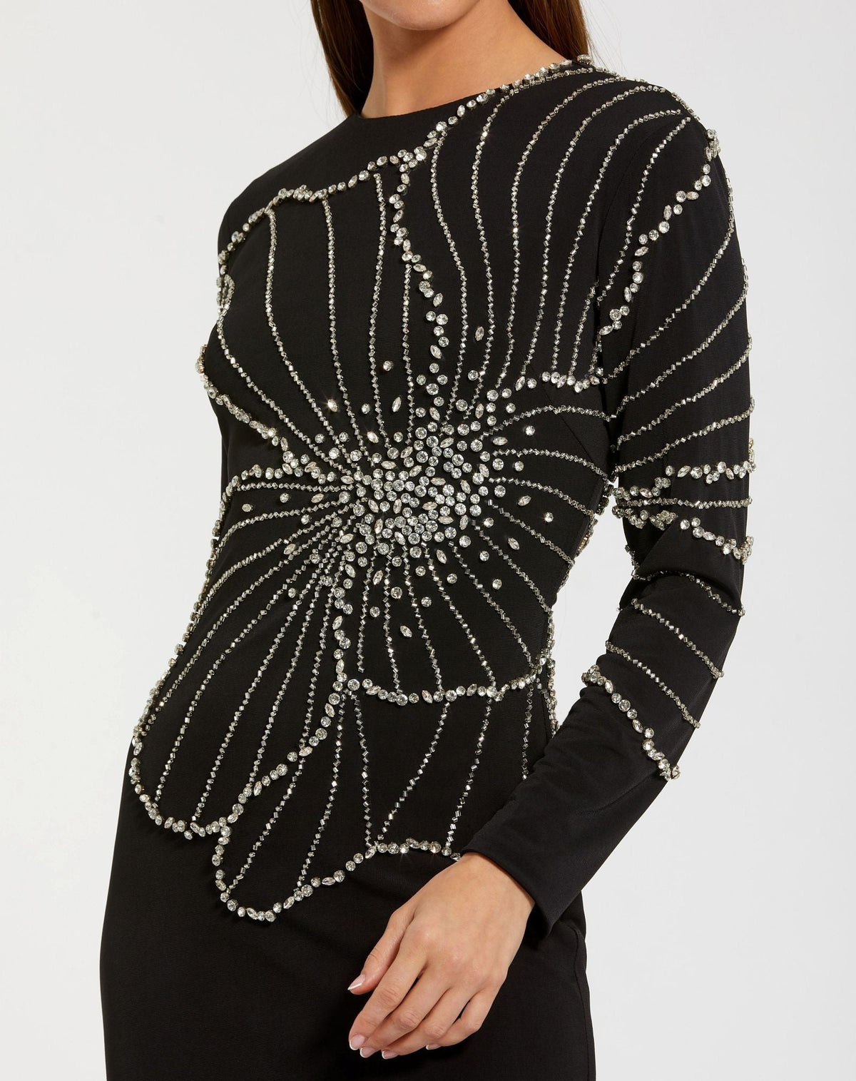Black Long Sleeve Jersey Gown With Beaded Flower