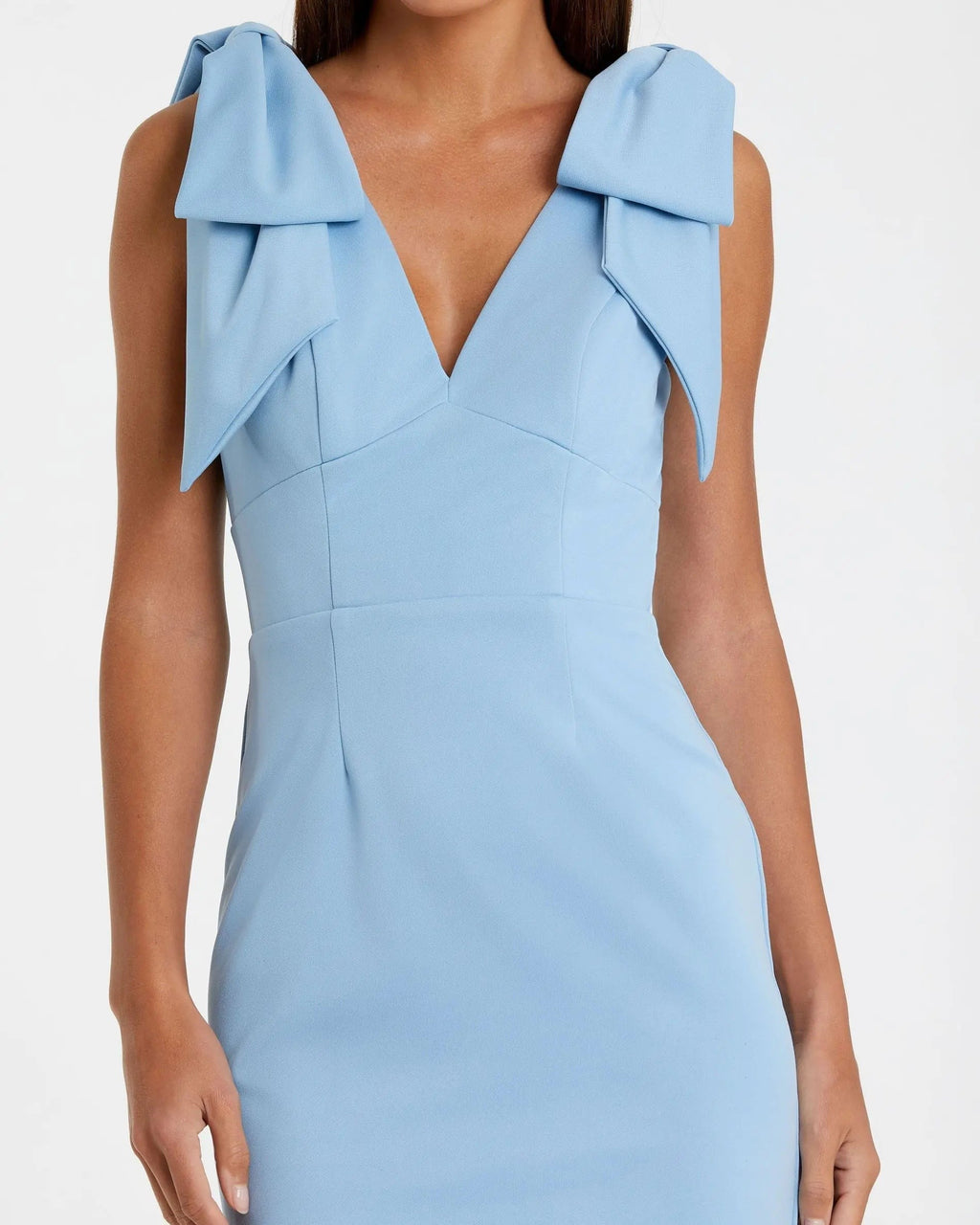 Powder Blue Sleeveless Crepe Midi Dress With Bow Straps