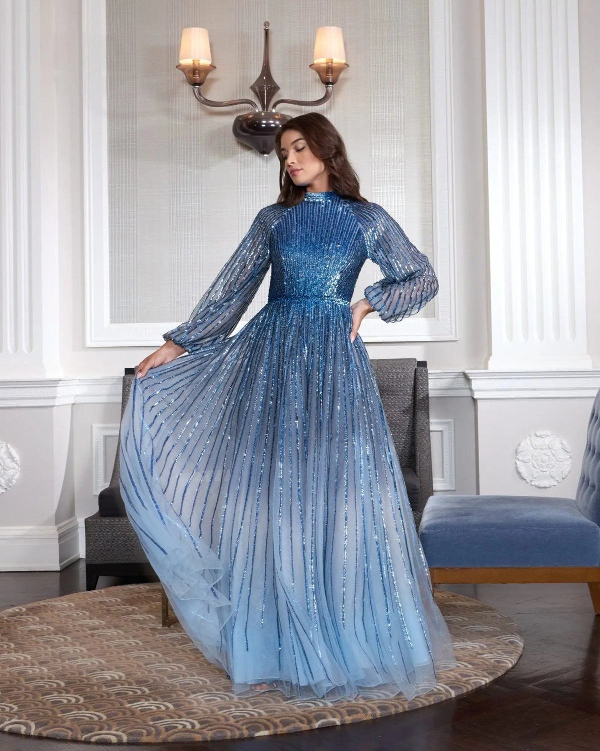 Blue Ombré Sequin Long Sleeve A-Line Gown