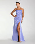 Periwinkle Strapless Satin Gown With Slit