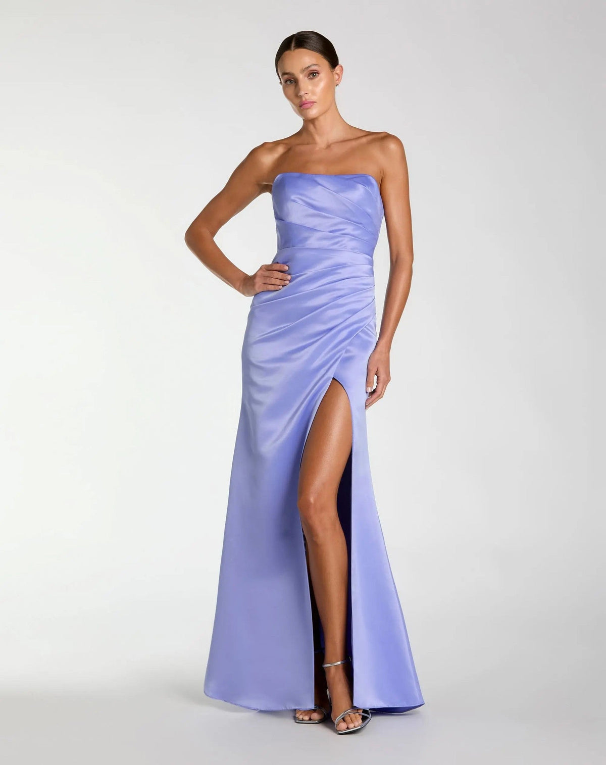 Periwinkle Strapless Satin Gown With Slit