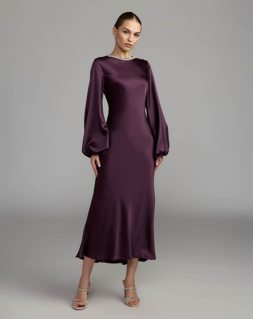 Eggplant Rhinestone Neckline Satin Midi Dress