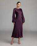 Eggplant Rhinestone Neckline Satin Midi Dress