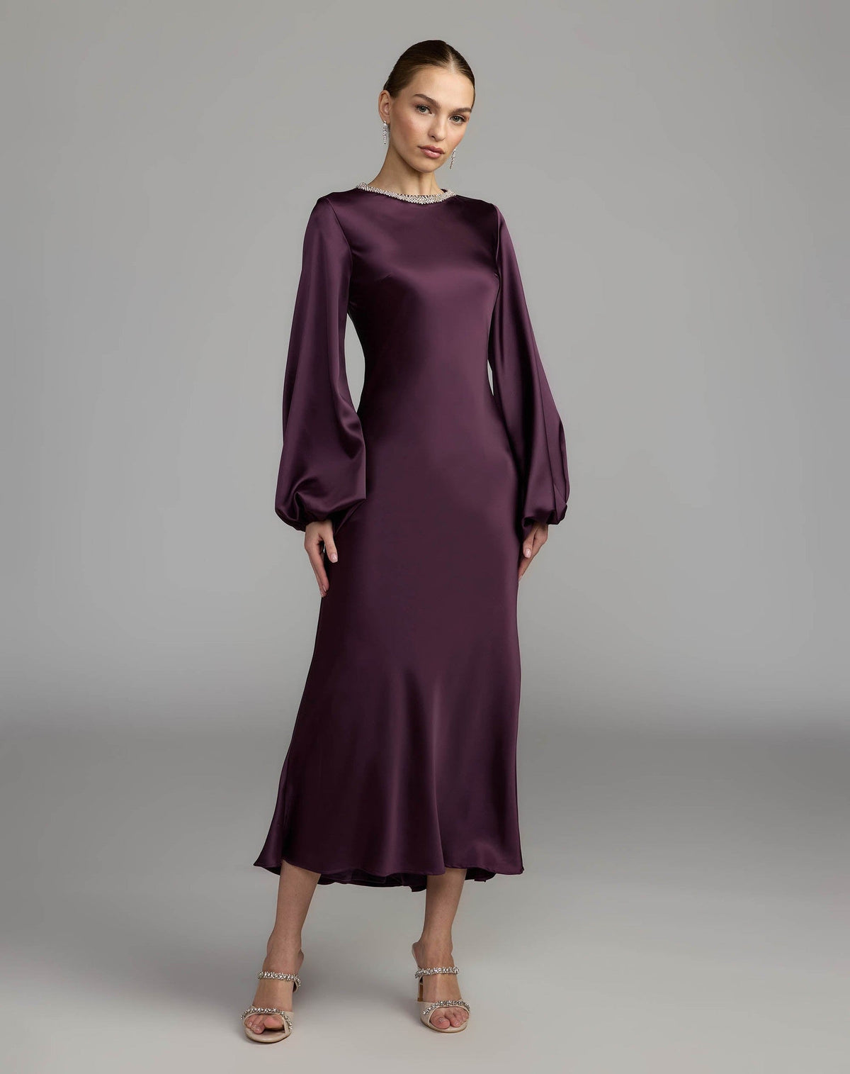 Eggplant Rhinestone Neckline Satin Midi Dress