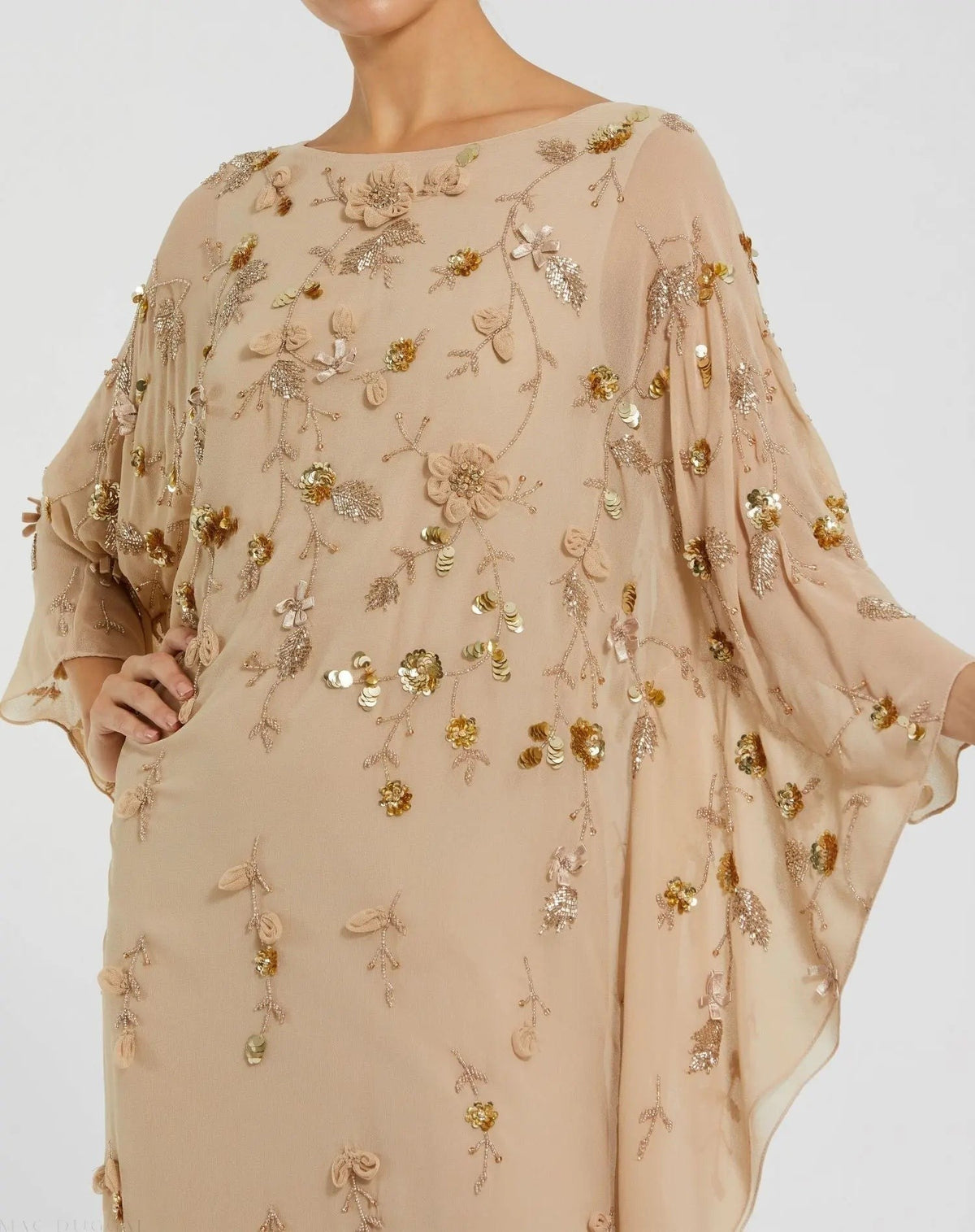 Beige Floral Embellished Kaftan Gown