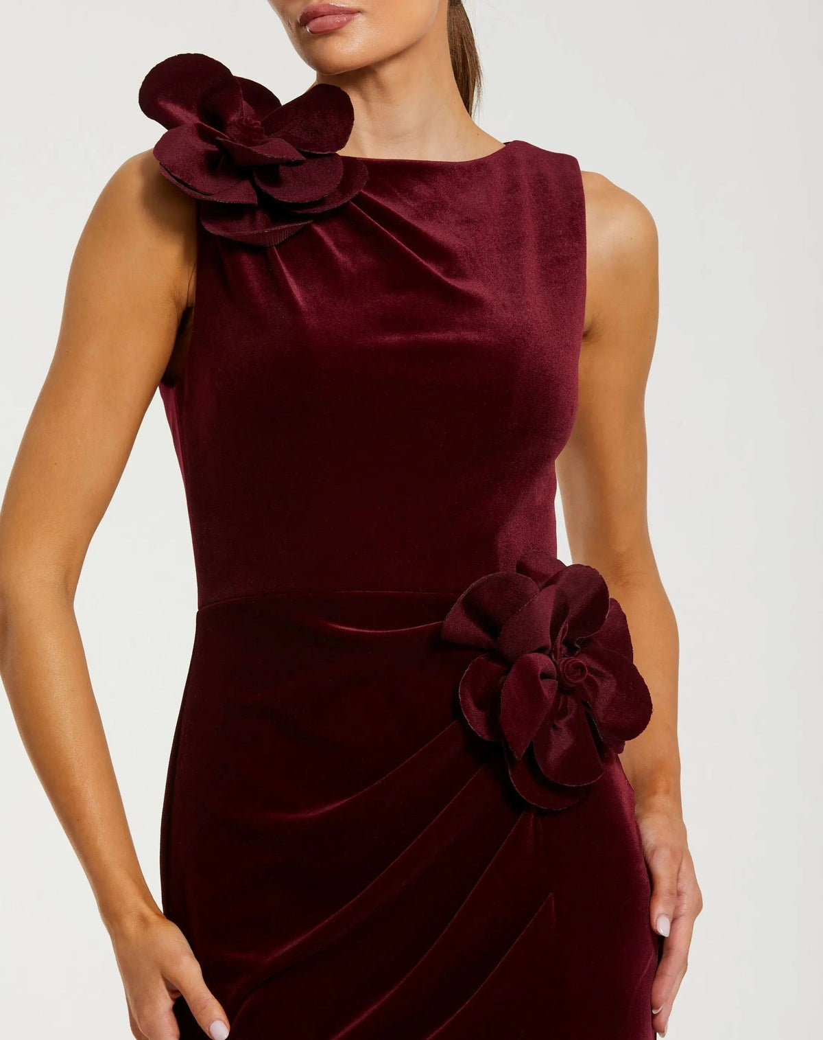 Burgundy High Neck Velvet Column Gown With 3D Flowers