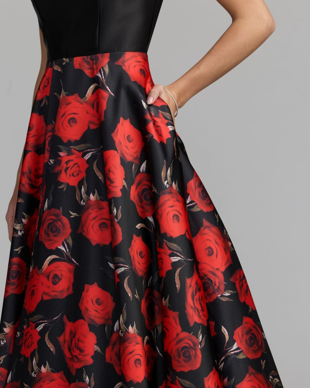 Red Rose Floral Open Back Ball Gown