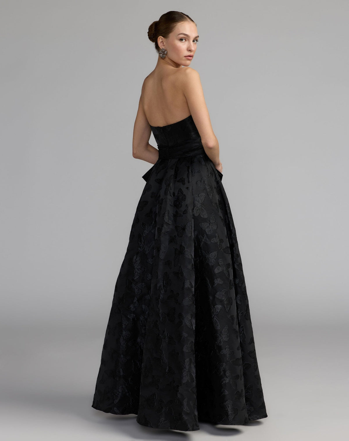 Petite Black Strapless Brocade A-Line Gown With Bow