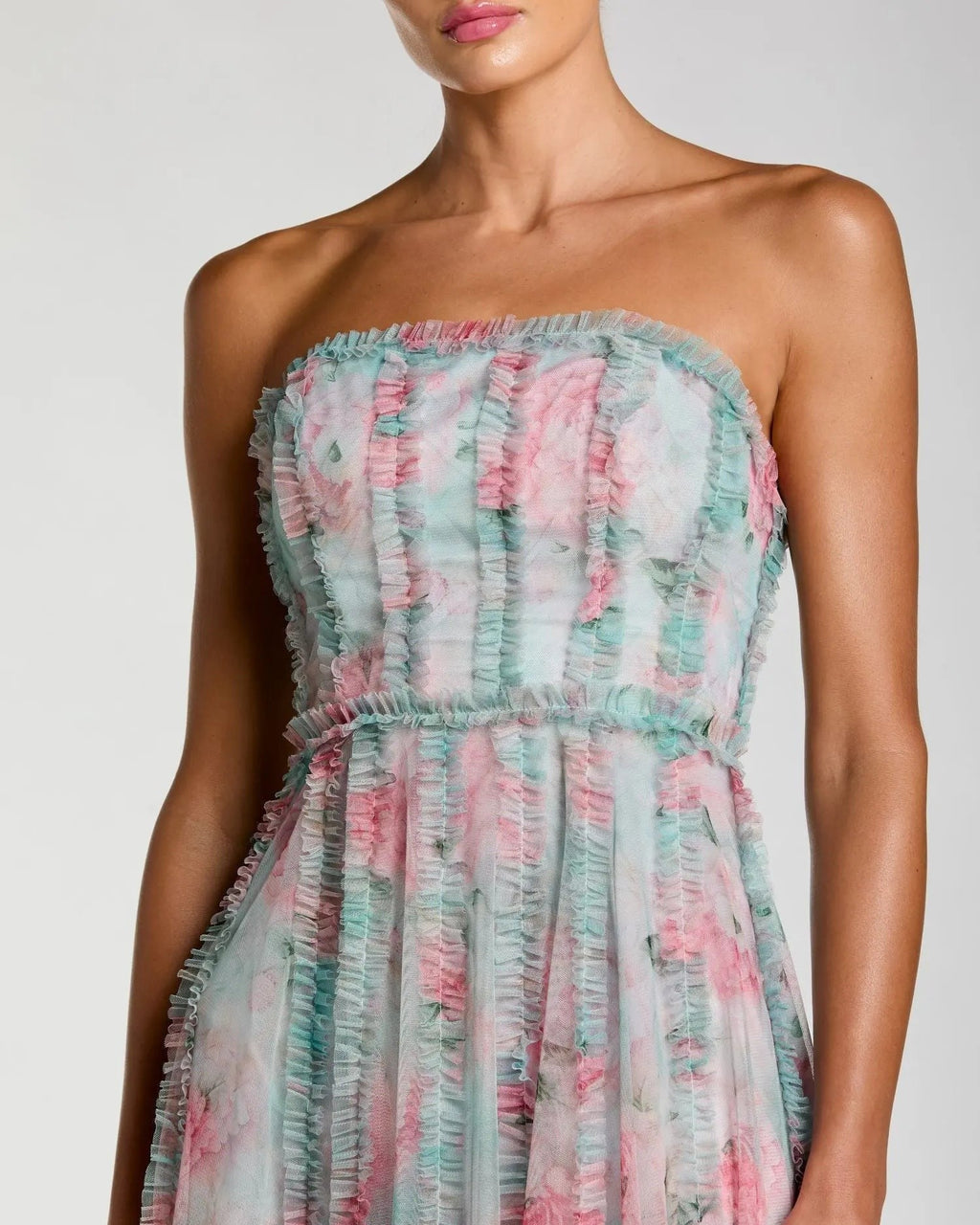 Aqua Multi Strapless Floral Print Ruffle Maxi Dress