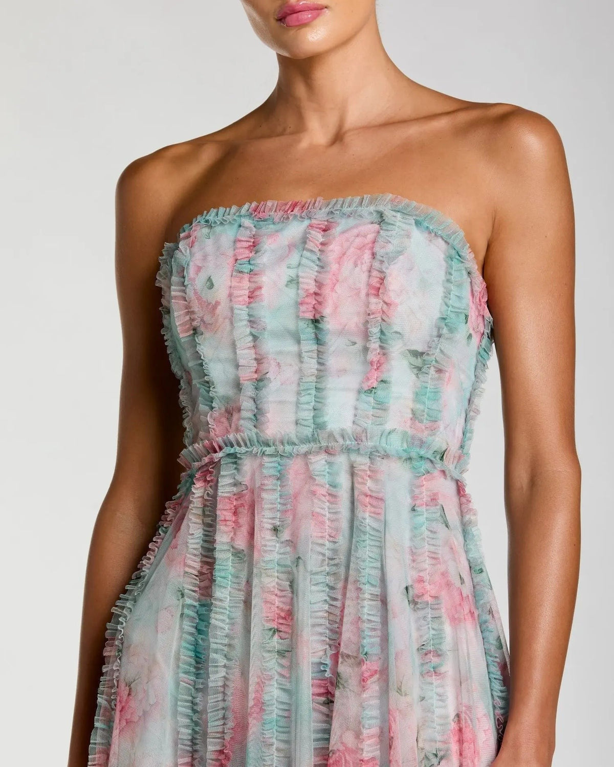 Aqua Multi Strapless Floral Print Ruffle Maxi Dress