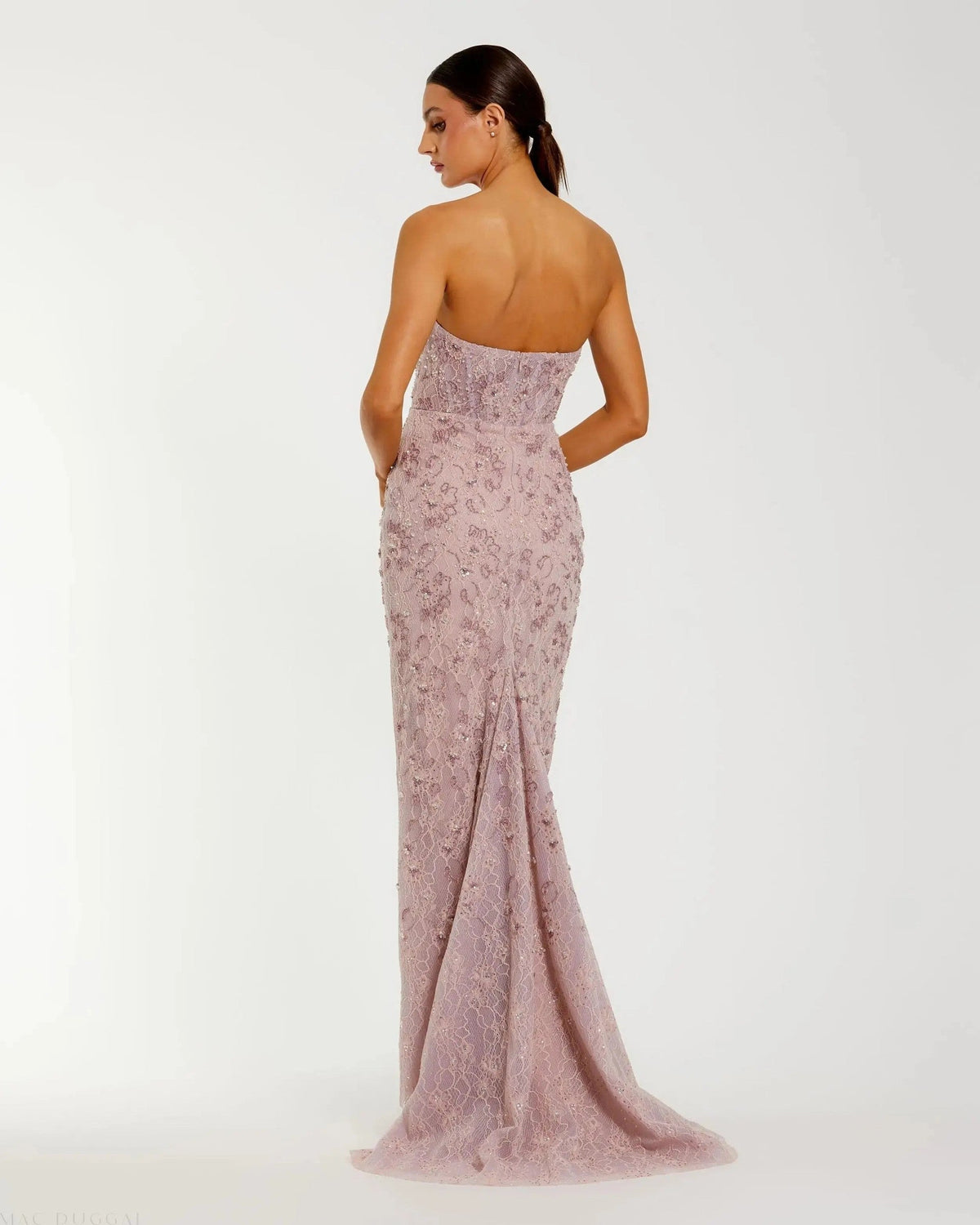 Rose Embellished Strapless Bustier Gown With Sweeping Train