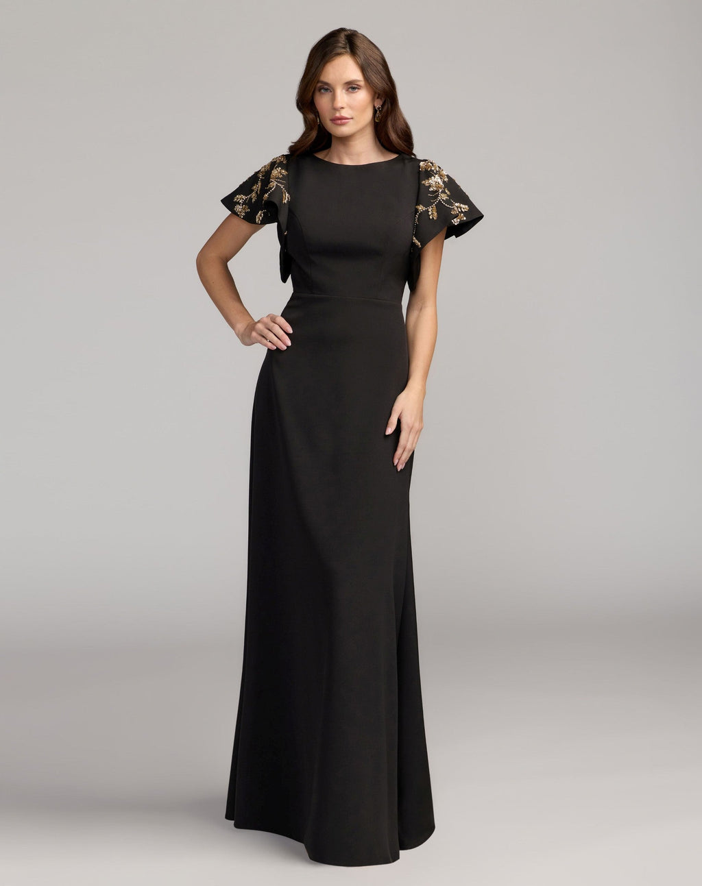 Black Gold Embellished Flutter Sleeve Crepe Gown