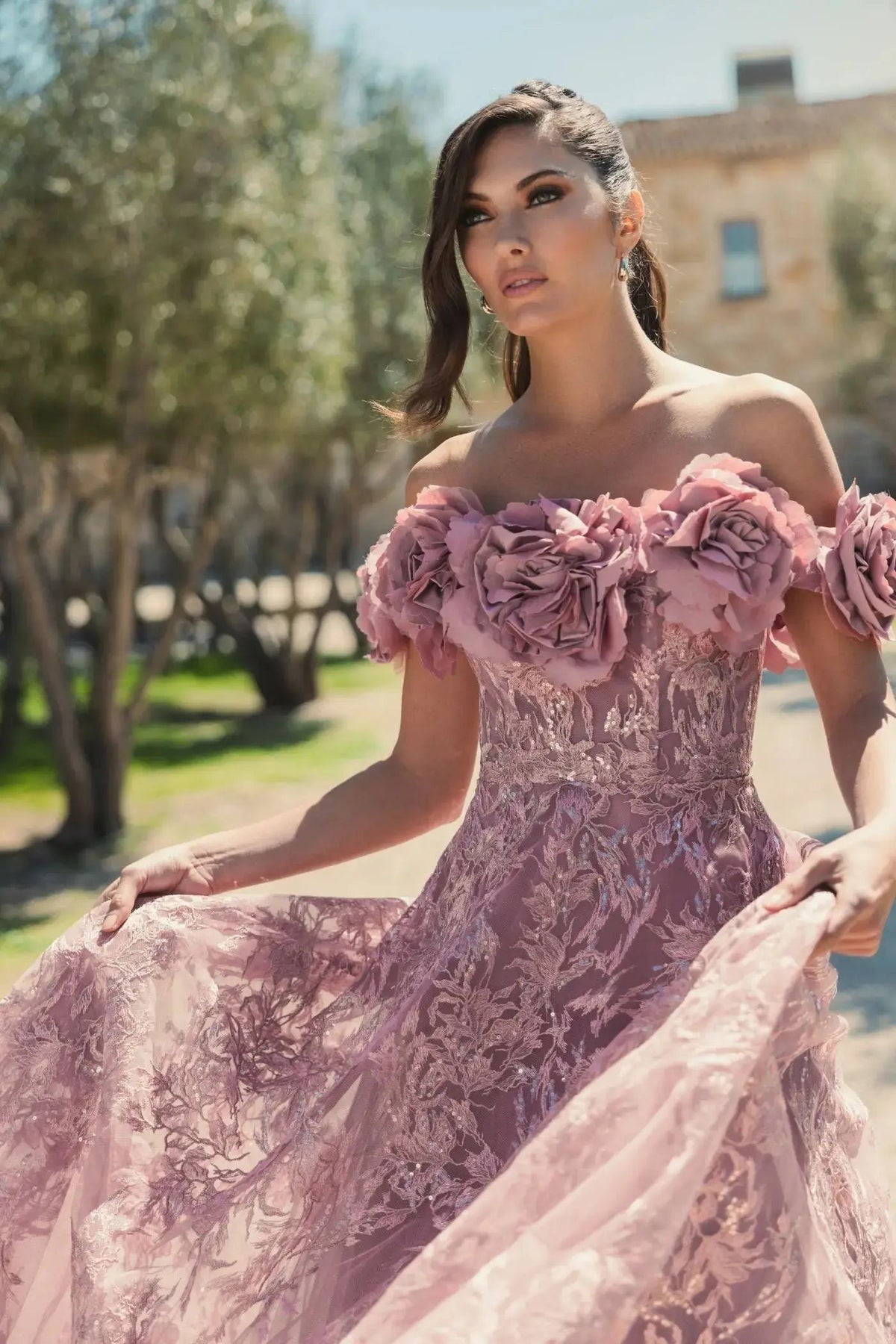 Mauve Off The Shoulder 3D Floral Embroidered A-Line Gown