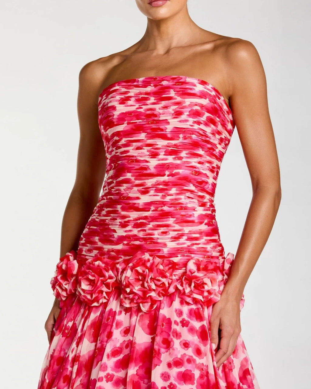 Pink Strapless Chiffon Ball Gown With 3D Flowers