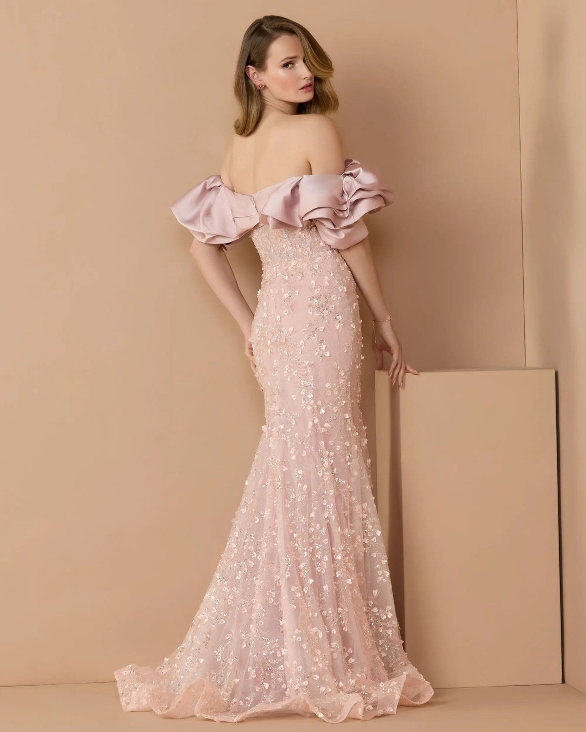 Rose Embellished Mermaid Gown With Off The Shoulder Ruffle
