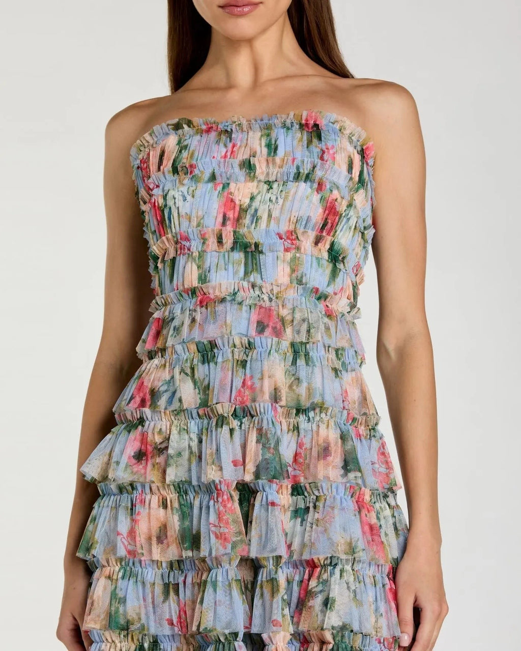 Blue Multi Floral Tiered Strapless Midi Dress