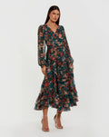 Teal Long Sleeve Floral Midi Dress With Ruffles