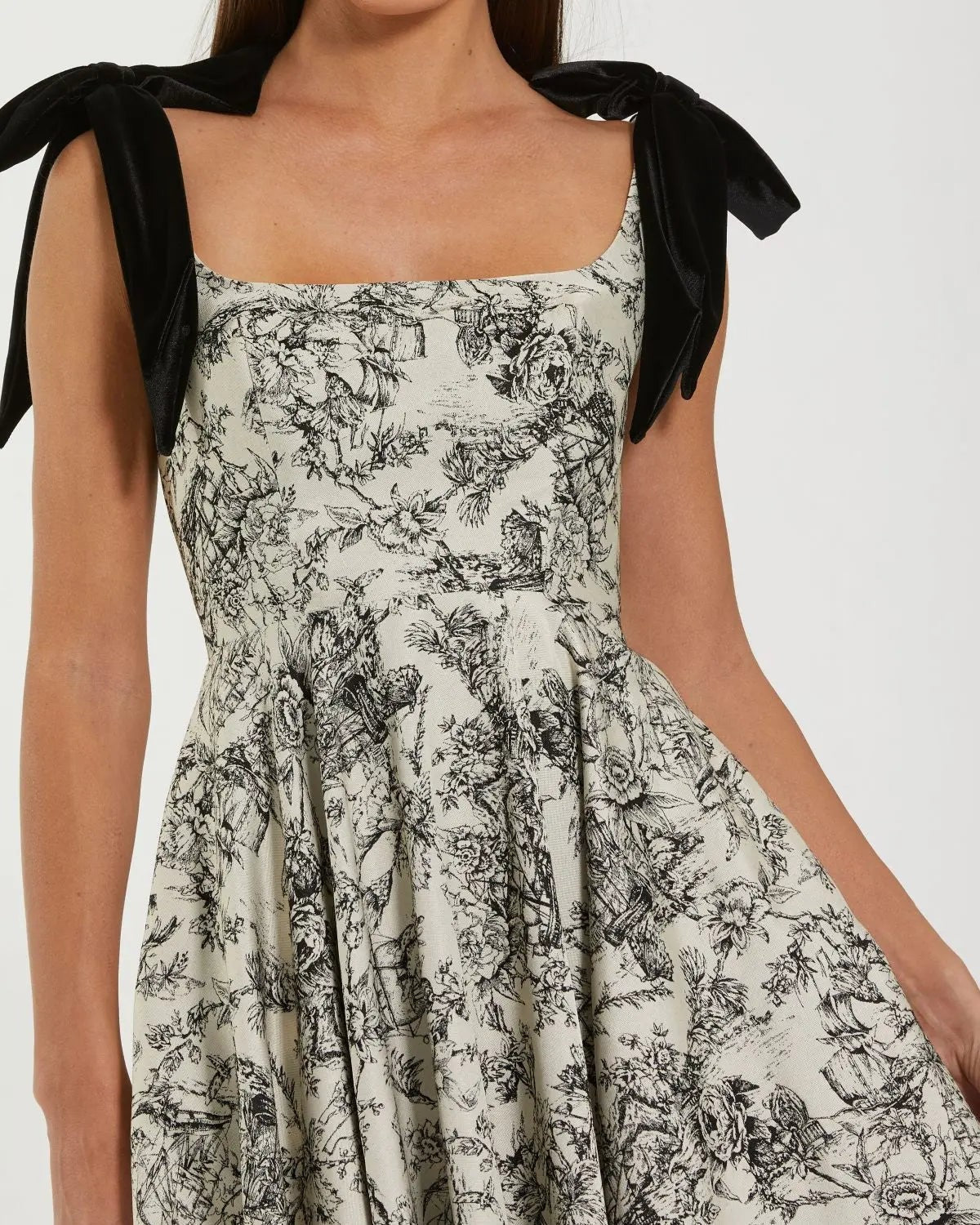 Black Ivory Printed A Line Midi Dress With Bow Straps