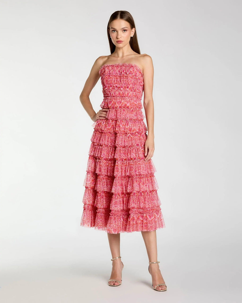 Floral Strapless Ruffle Midi Dress
