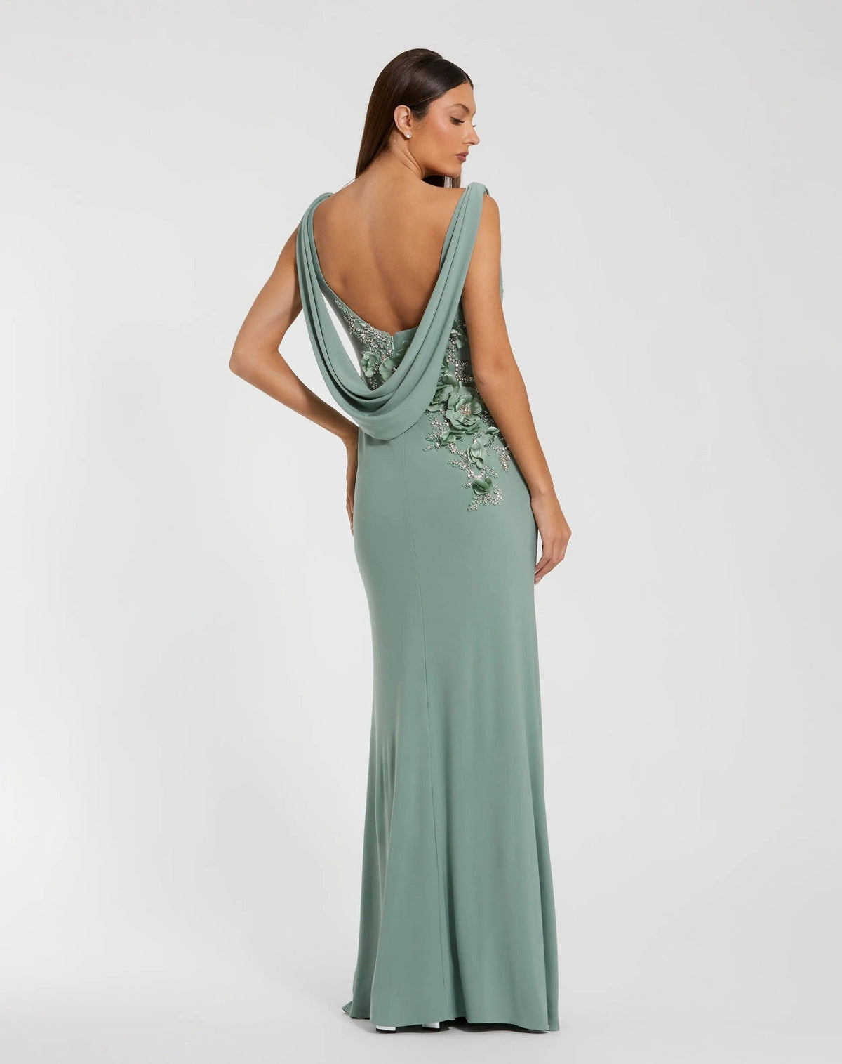 Green Sleeveless Jersey Cowl Neck Gown With Beading