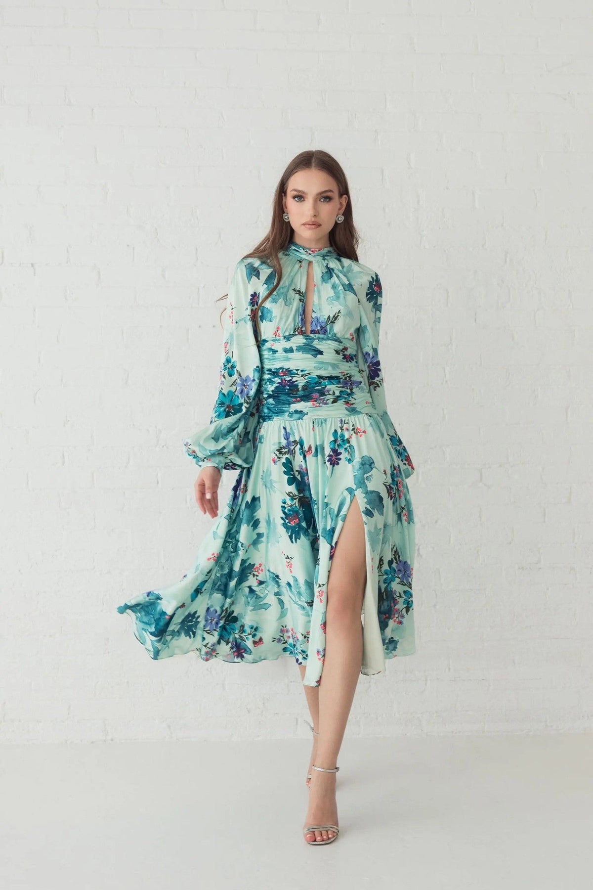 Green Keyhole Satin Long Sleeve Floral Dress
