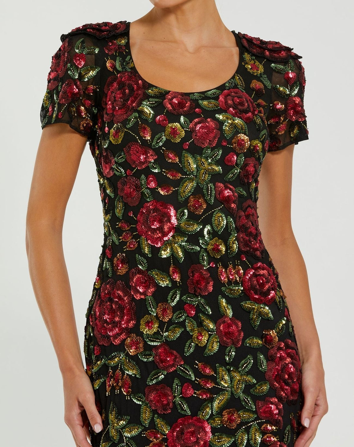 Black Multi Floral Sequin Scoop Neck Trumpet Gown