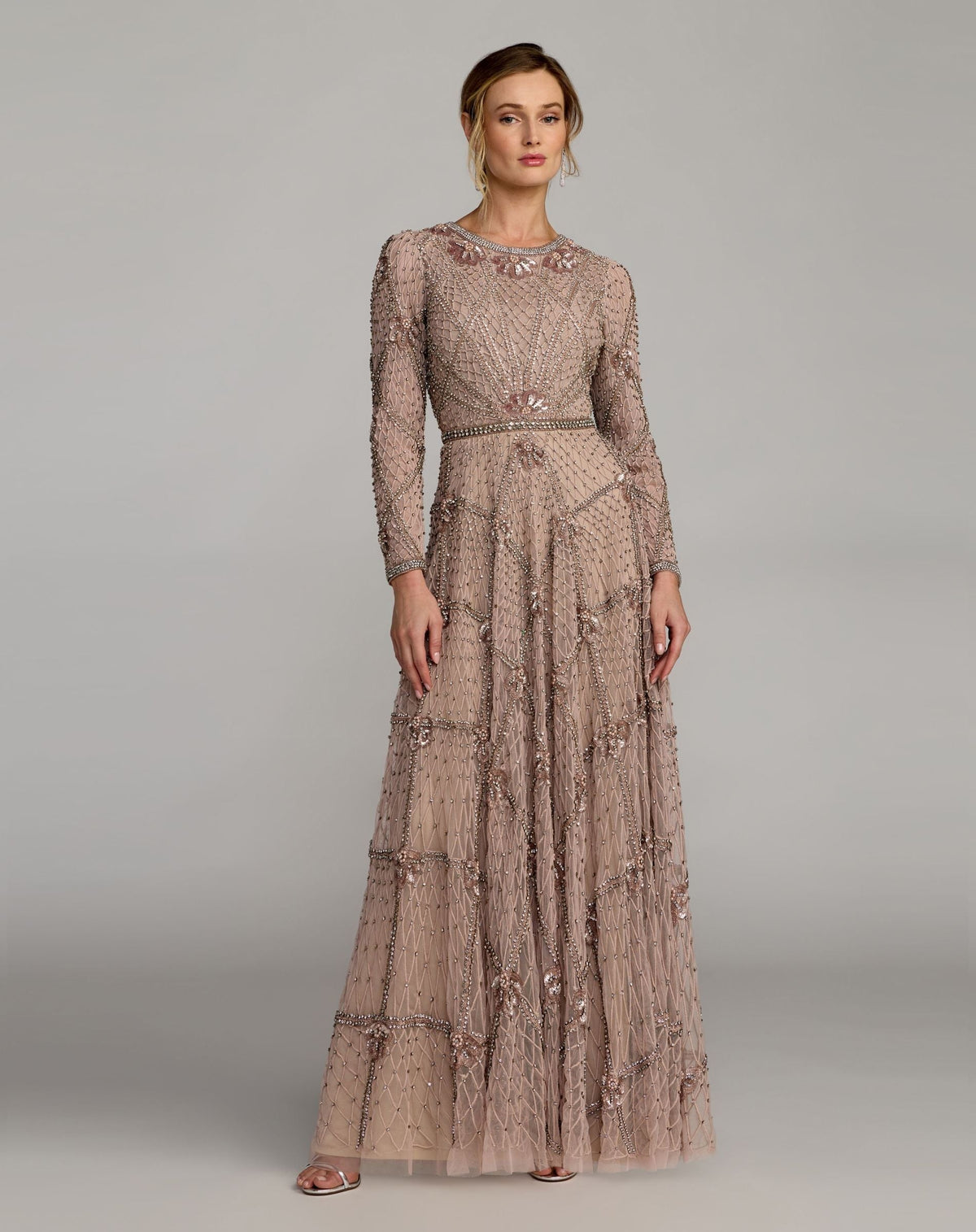 Rose Rhinestone Embellished Long Sleeve A-Line Gown