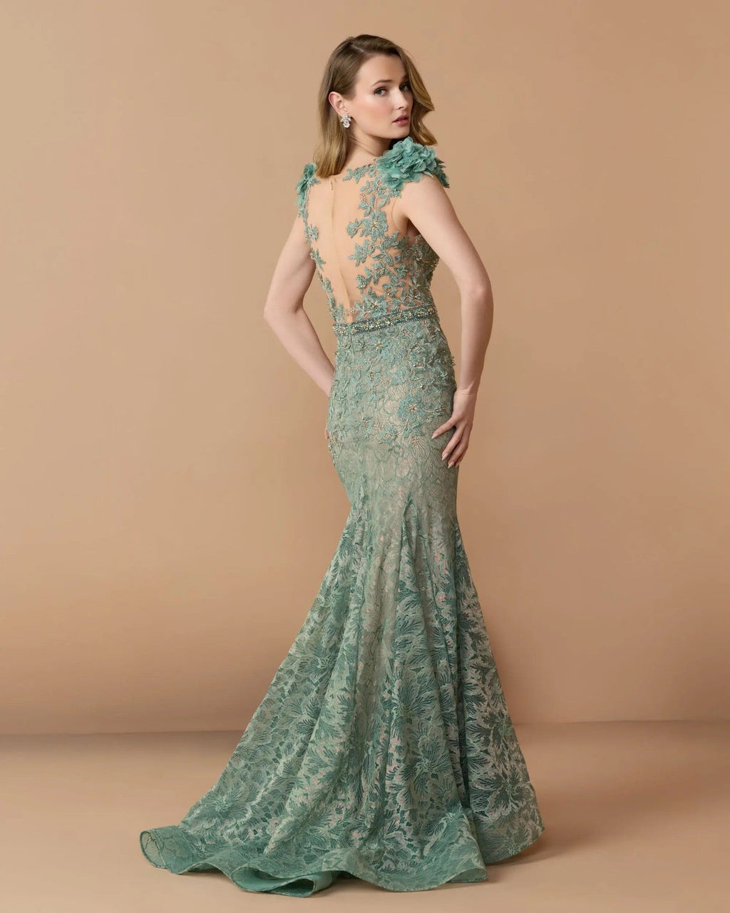 Sage Embellished Lace Illusion Neck Gown With 3D Flowers