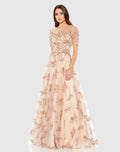 Pink Embellished Illusion Short Sleeve A Line Gown
