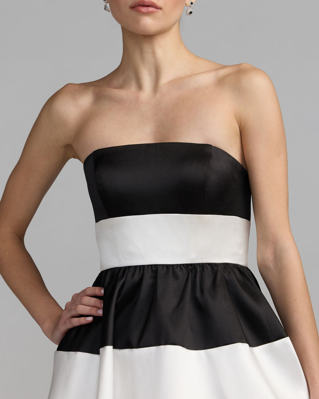 Black Ivory Striped Strapless Mikado Midi Dress