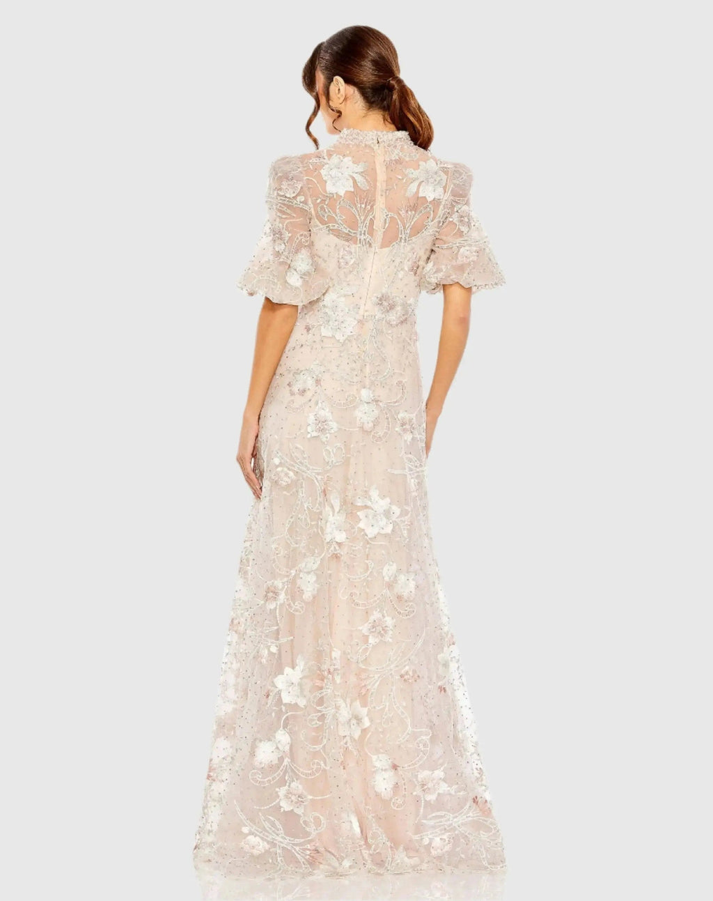 Petite Blush Queen Anne Puff Sleeve A-Line Gown