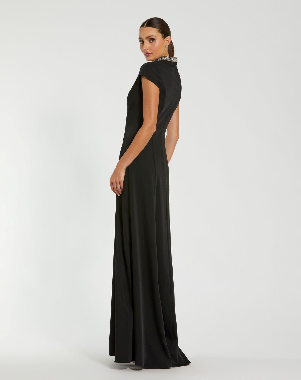 Black Cap Sleeve Gown With Embellished Neckline