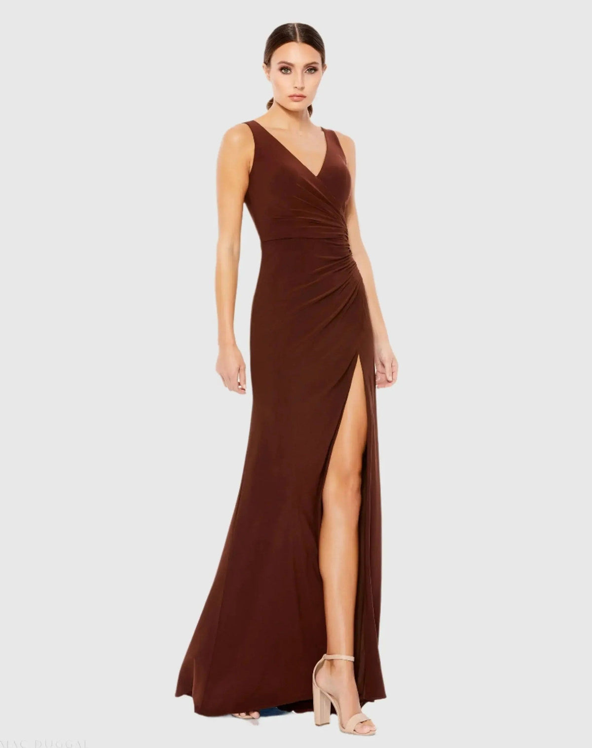 Faux Wrap Sleeveless V Neck Gown