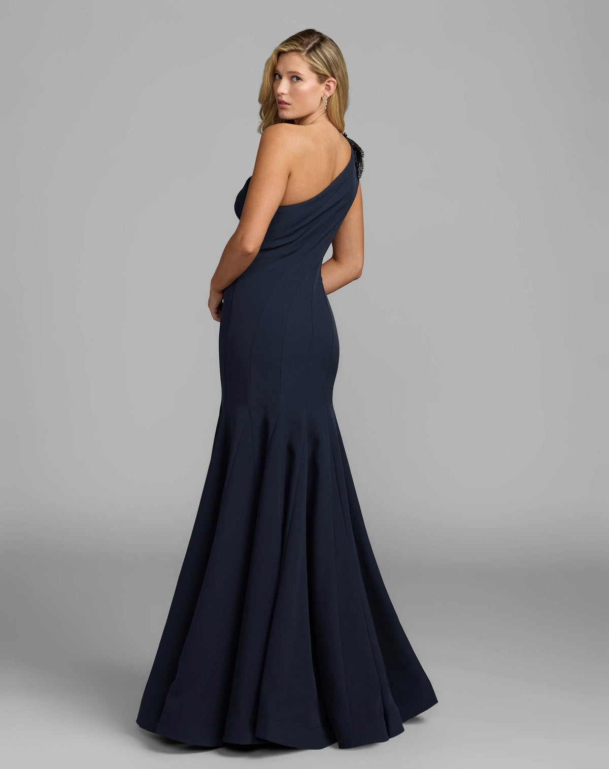 Midnight One Shoulder Trumpet Gown With Crystal Flower