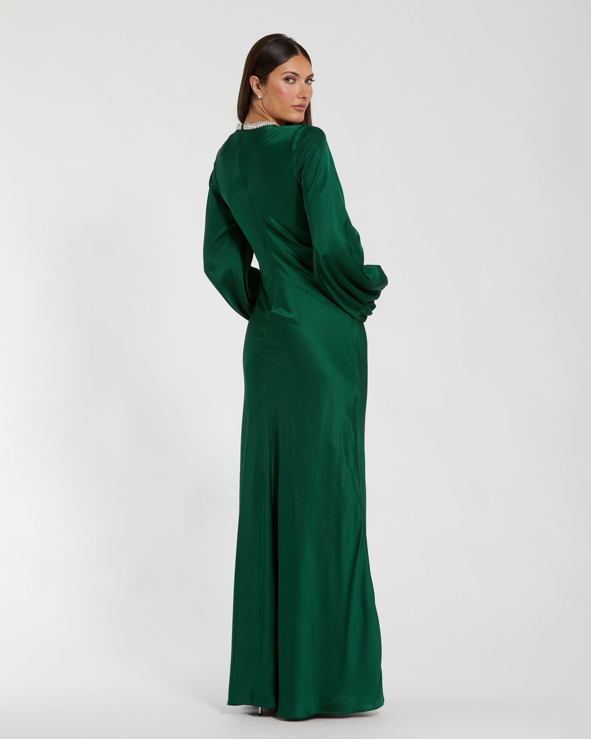 Emerald Beaded High Neck Bishop Sleeve Satin Gown
