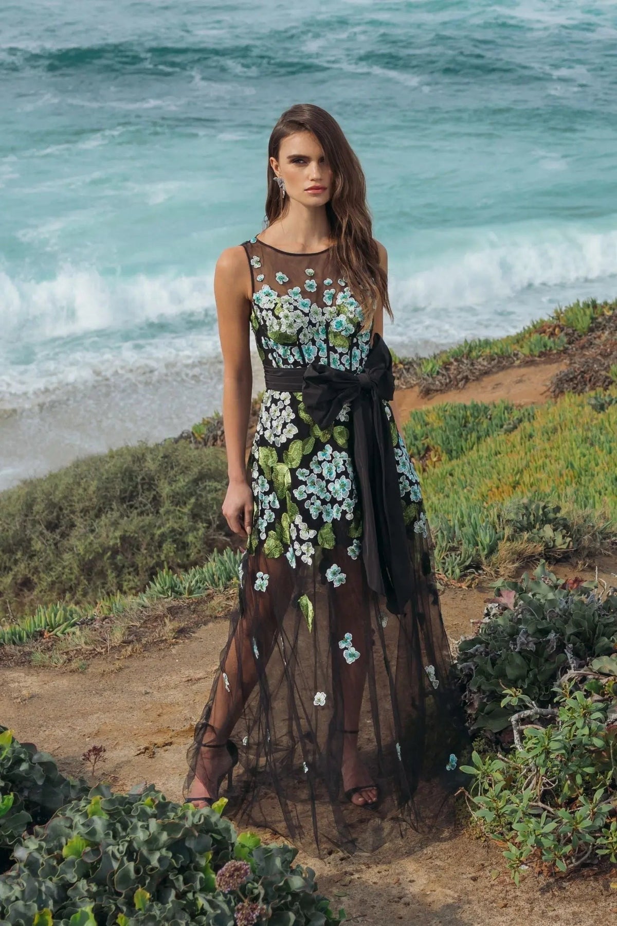 Blue Multi Floral Embroidered Corset Gown With Bow