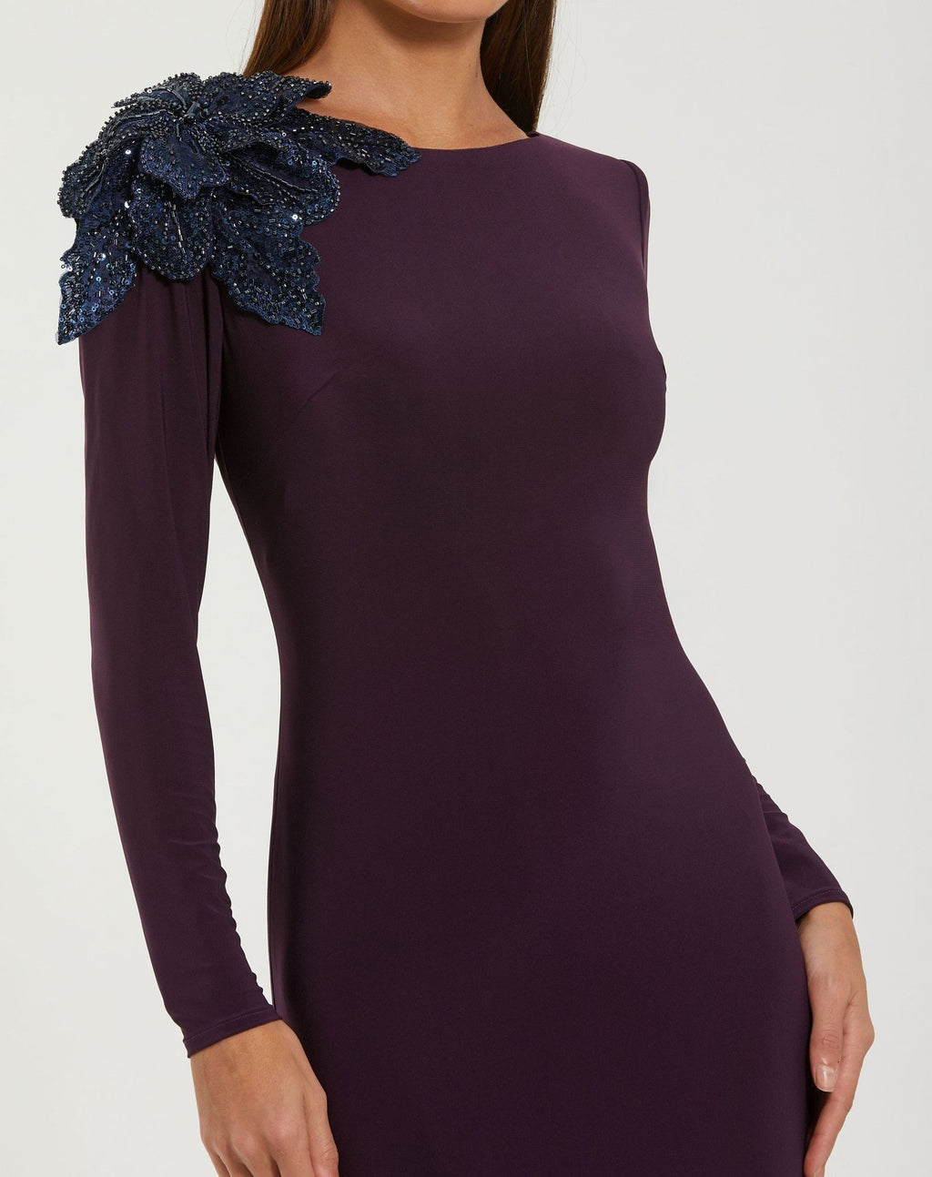 Amethyst Long Sleeve Jersey Gown With Embellished Flower