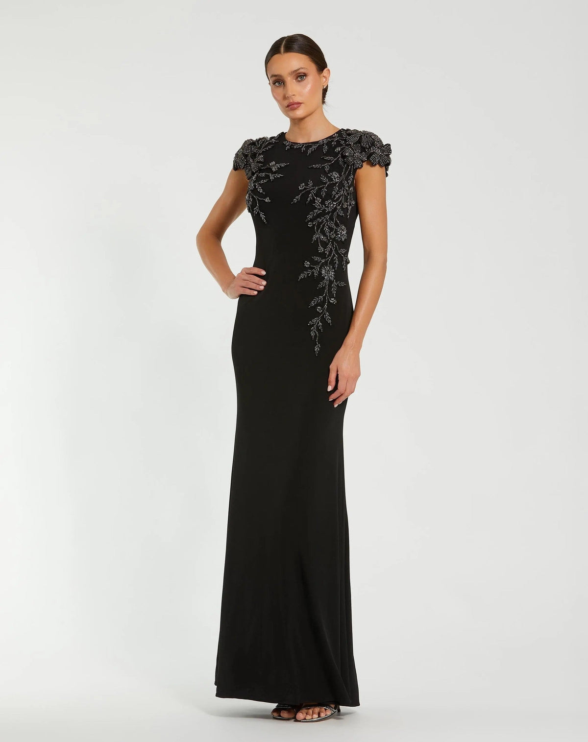 Black Multi Embellished Jersey Column Gown