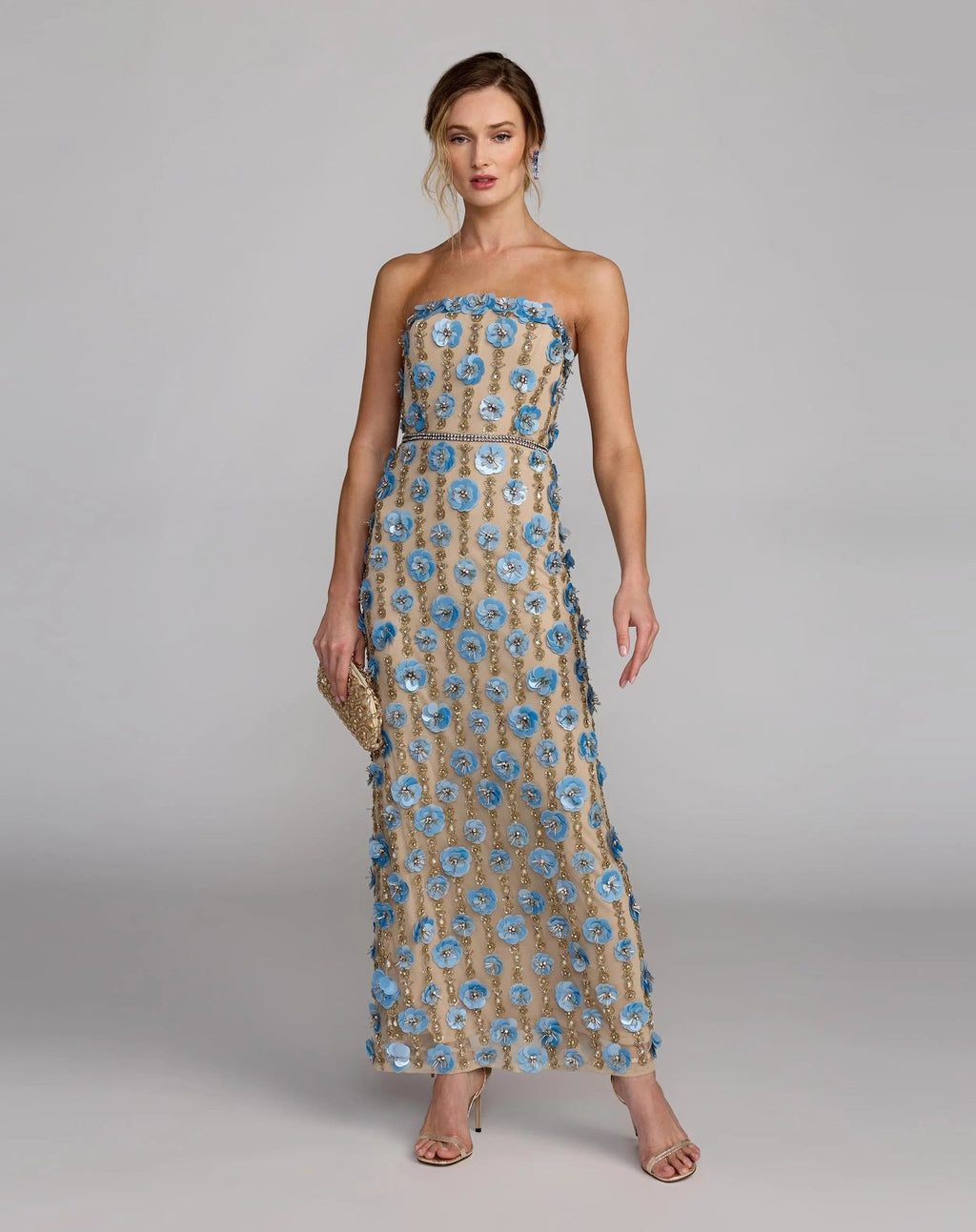 Nude Blue Strapless 3D Floral Embellished Dress