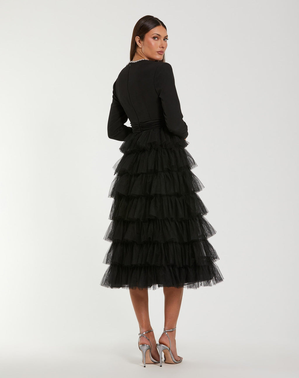 Black Crystal Trim Tiered Tulle Midi Dress