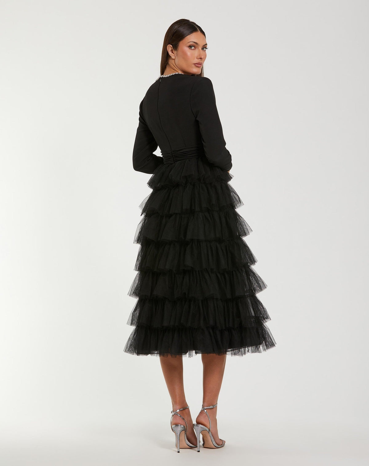 Black Crystal Trim Tiered Tulle Midi Dress