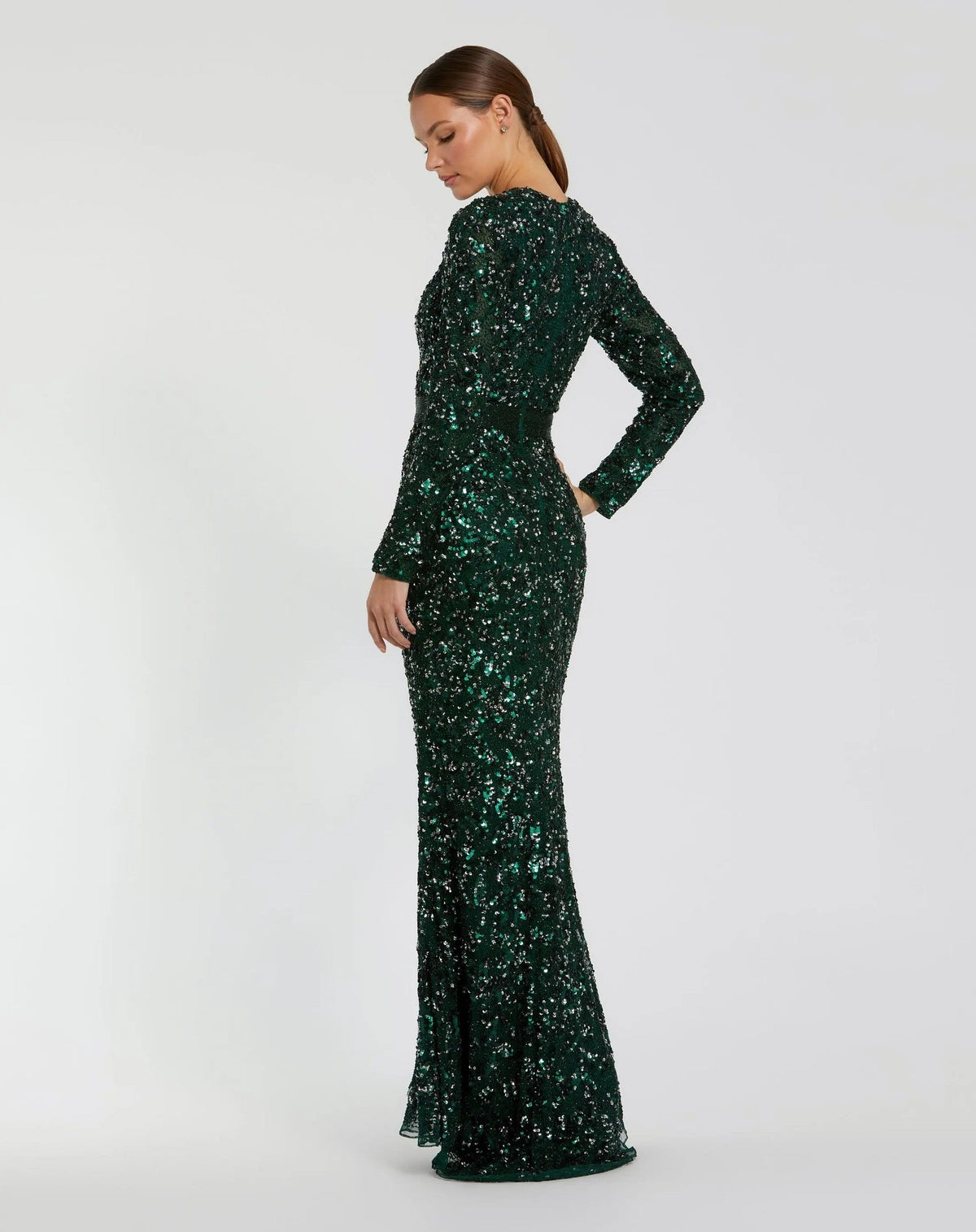 Green Hand Embellished Long Sleeve Gown