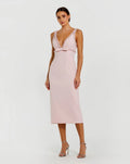 Pink Crepe Fitted Midi Dress With Bow And Beaded Trim