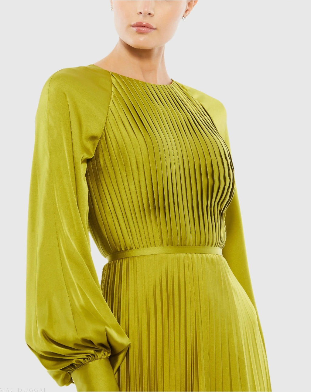 Apple Green Pleated High Neck Long Sleeve Gown With Slit