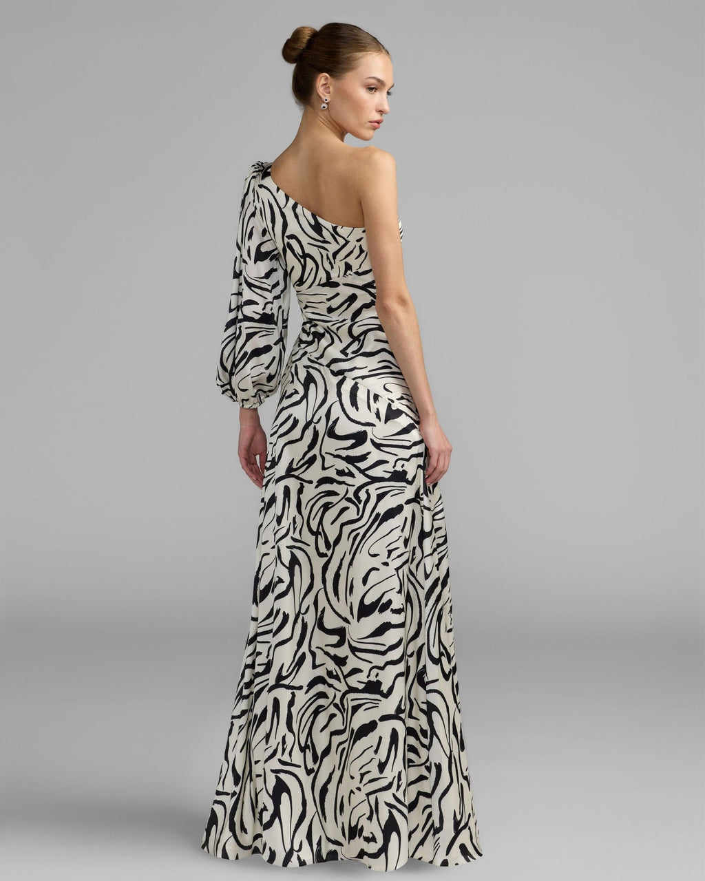 Ivory Multi Abstract Print One Shoulder Gown With Slit